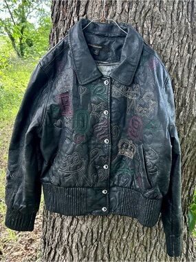 Rocawear Black Embroidered Leather Bomber Jacket